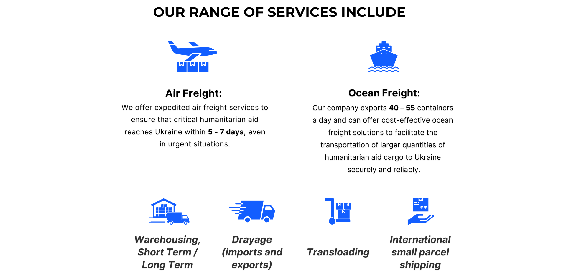 Air Freight, Ocean Freight, Transloading, International Shipping, Drayage, Warehousing